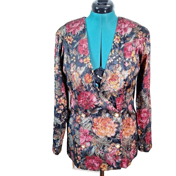 Vtg 80s 90s LIGHTWEIGHT Floral BLAZER Double-breasted Women Size L Gruge - Picture 7 of 11
